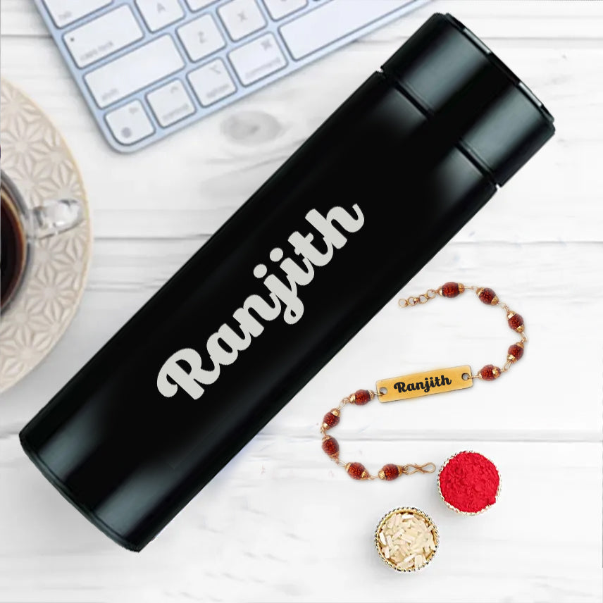 Black Customized Water Bottle With Rudraksh Rakhi (Copy) (Copy)