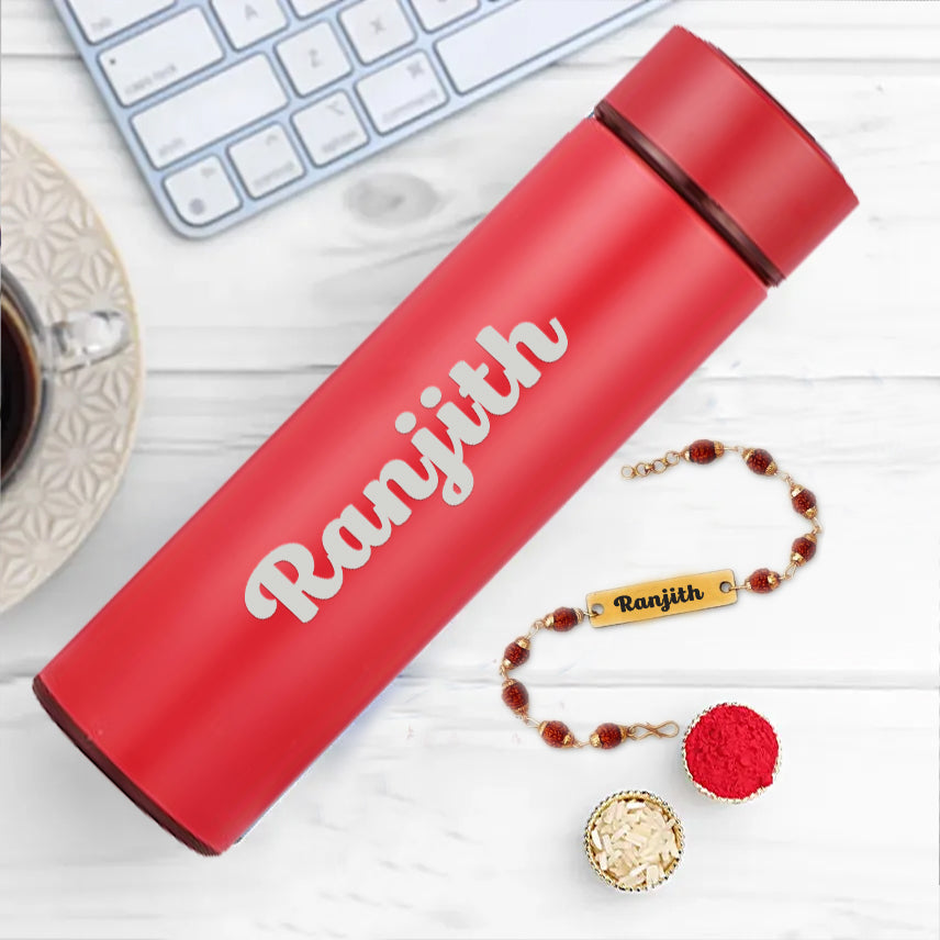 Red Customized Water Bottle With Rudraksh Rakhi (Copy)