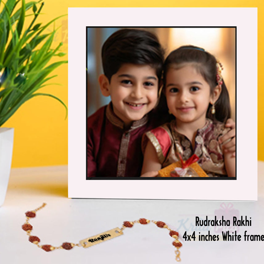 White 4x4 inches frame with Rudraksha Rakhi