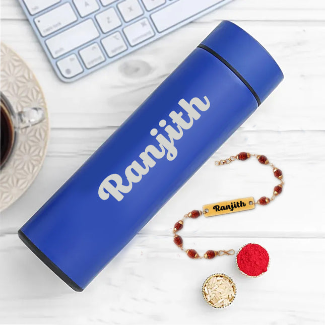Blue Customized Water Bottle With Rudraksh Rakhi