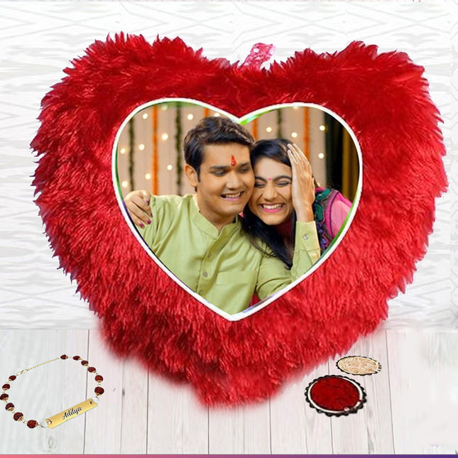 Red Heart Pillow with Rudraksha Name Rakhi (Copy)