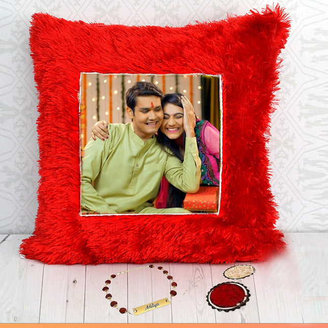Red Square Pillow with Rudraksha Name Rakhi